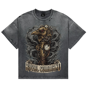 <b>Men's</b> Vintage Distress Acid Wash T Shirt <b>Punk</b> Mechanical Raven Head with Letter Print Oversized Short Sleeve Tees for Wholesale - Product Image 1