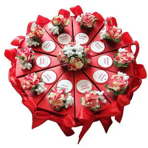 红花哑光精致优雅生日婚礼蛋糕零食糖果金字塔3d三角包装盒带蝴蝶结丝带
