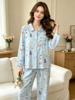 Ensemble de pyjama de luxe en pur coton pour femme, motif floral mignon, manches longues, taille élastique, respirant, printemps-automne, col rabattu
