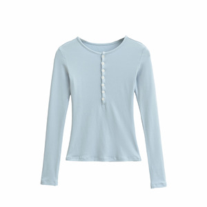 Haut de sport et de <span class=keywords><strong>yoga</strong></span> pour femme, coupe courte, à col montant, manches longues, léger, respirant, extensible dans les quatre sens, avec design boutonné sexy - Product Image 3