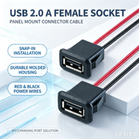 Connecteur de câble USB 2.0 A femelle à montage sur panneau LN-014 avec boucle, prise USB avec câbles d'alimentation pour modification de charge électronique