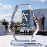 Trophée en cristal transparent personnalisé, nouveau design, grande surface de gravure, base en cristal transparent, récompense pour les réalisations professionnelles et l'excellence
