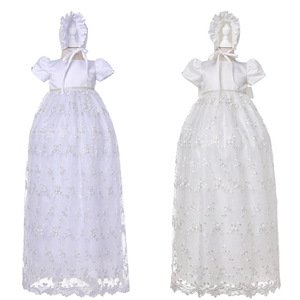 Abito da Battesimo <span class=keywords><strong>Extra</strong></span> Lungo in Pizzo Bianco per Neonati, Vestito da Principessa con Gemme per Matrimoni e Feste, Abito Ricamato per Cerimonie Religiose - Product Image 1