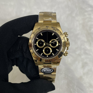 Montre chronographe de luxe pour hommes, mécanique, cristal saphir, plaqué or, acier inoxydable, pointeur noir, marquages lumineux, tachymètre - Product Image 2