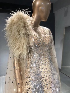 QUEENS kıyafeti muhteşem Mermaid şampanya Sequins boncuklu devekuşu tüyü kostüm gösterisi elbise moda gösterisi akşam elbise - Product Image 4