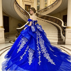 Vestido de Quinceañera de Lujo al por Mayor, Azul Rey, Bordado <span class=keywords><strong>a</strong></span> <span class=keywords><strong>Mano</strong></span>, con Hombros Descubiertos, Vestidos de Novia, Vestidos de Quinceañera Morados - Product Image 2