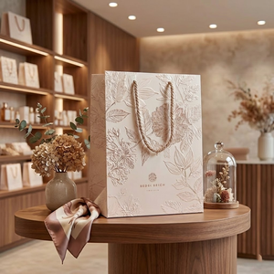 Элегантный подарочный пакет Minghong из экологичной перерабатываемой бумаги с гладкой поверхностью, тиснением в виде цветов и акцентами цвета розового золота, для ювелирных изделий, с возможностью индивидуального заказа - Product Image 1