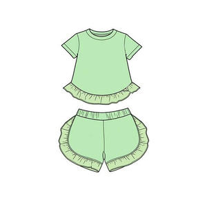 Conjunto Infantil GSSO3654 Personalizado para Niña Activa, Verde Sólido, Manga Corta, Venta al Por Mayor - Product Image 1
