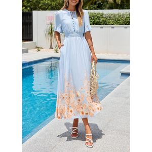 FOXA Women's Boho Floral Maxi Dress Short Sleeve <b>Tie</b> Neck Elastic Waist A-Line Flowy Beach Summer Casual Dress - Product Image 2