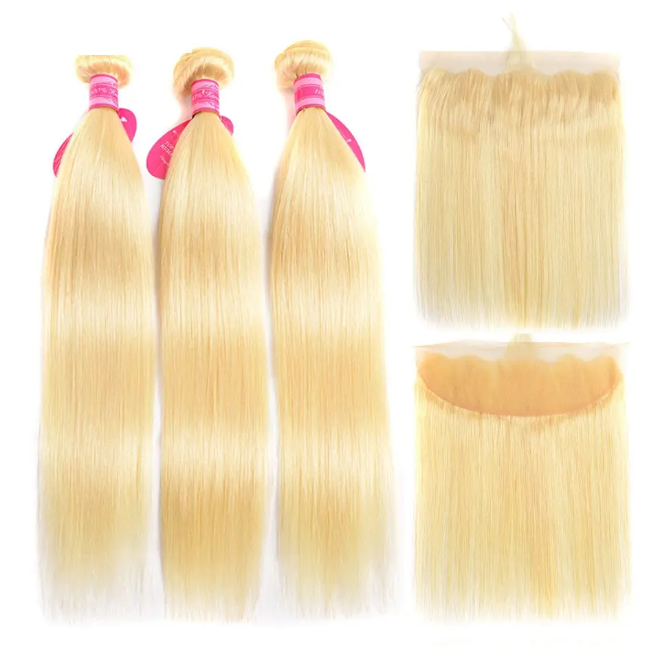 Wholesale Cheap 12A Grade Bone Straight Human Hair Bundles Vendor Extensions 613 Straight Blonde Hair Bundles With Lace Frontal