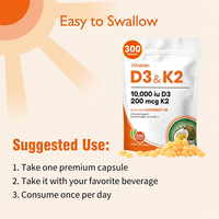 Gélules de Vitamine D3 K2 MK-7 10000 UI 200 µg à l'Huile de Coco, Complément Alimentaire, 300 Unités, Sans Soja, Sans Produits Laitiers, Sans Gluten
