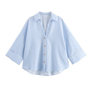 <span class=keywords><strong>Camicia</strong></span> da <span class=keywords><strong>donna</strong></span> con stampa a righe in raso a maniche lunghe da <span class=keywords><strong>donna</strong></span> per primavera/estate Versatile con maniche arricciate larghe con accesso a bottoni Casual - Product Image 1