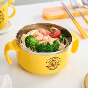 Cute Yellow Stainless Steel Kids Bowl With Lid And Cup <b>Set</b> For Children Mealtime Use - Product Image 2