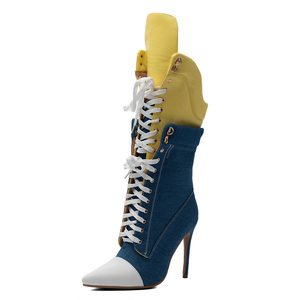 Stivaletti Sportivi da <span class=keywords><strong>Donna</strong></span> con Tacco a Spillo Sottile, Taglia Grande 47, Scarpe con Lacci, Blu e Giallo, Stivaletti in Denim Patchwork - Product Image 4