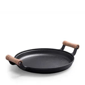 Hot bán nhà bếp coookware bánh pizza Pancake Pan Chảo gang sâu Frying Pan với đôi tay cầm bằng gỗ