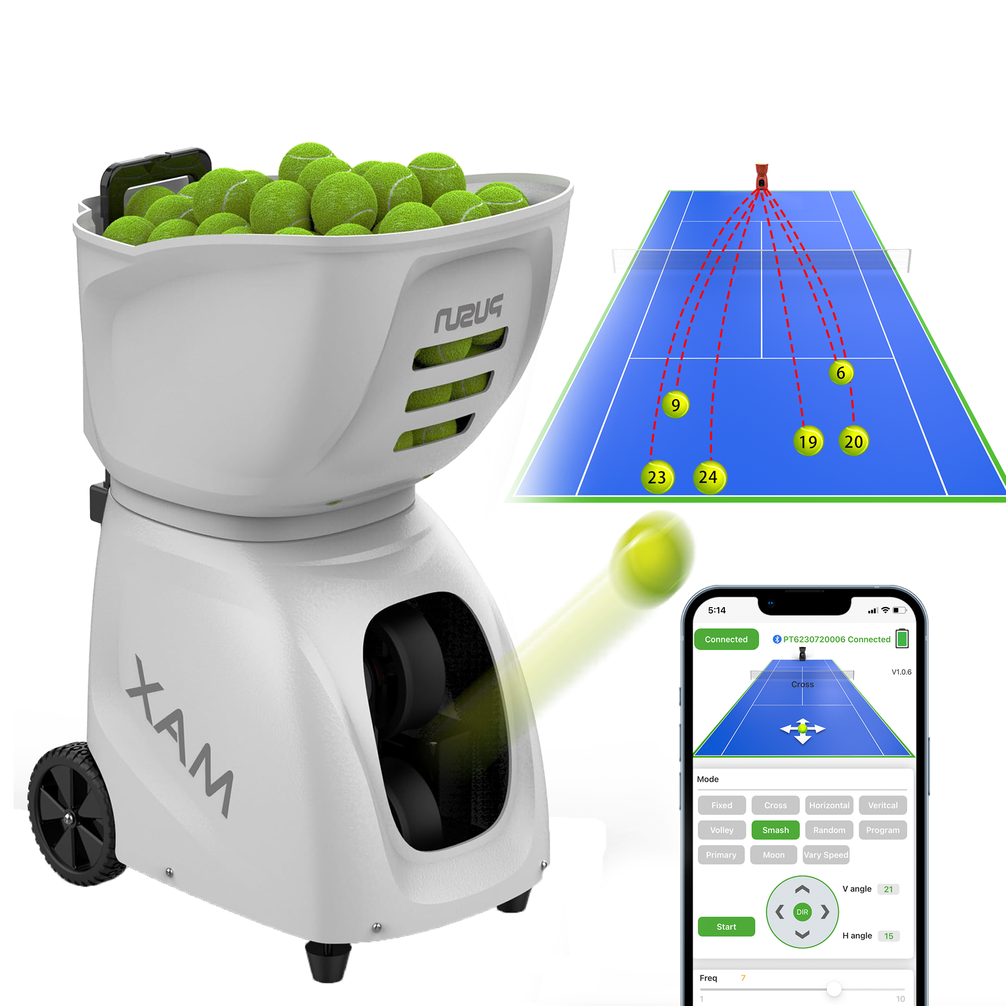 Stylish Portable Tennis Ball Machine, Suitable for Tennis Court Training, Random Serving with Smart Control Pusun Max-c