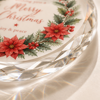Ornement de Noël personnalisé en verre cristal, rond et facetté, à suspendre, avec impression aquarelle et ruban de satin pour cadeau d'arbre de Noël