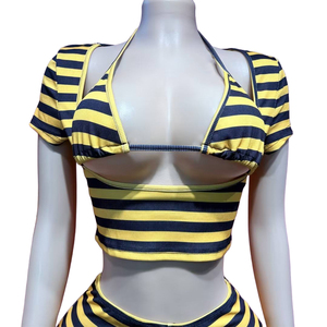 Conjunto de 3 piezas <span class=keywords><strong>con</strong></span> logo personalizado para mujer: Top corto <span class=keywords><strong>con</strong></span> aberturas y pantalones capri a rayas, elegante ropa de verano para club, OEM, <span class=keywords><strong>en</strong></span> lotes pequeños. - Product Image 5