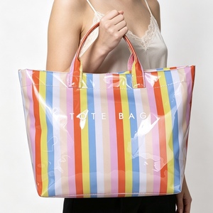 Borsa Tote a Righe Personalizzata, Grande Capacità, in PVC, Borsa a Spalla, Borsa da Viaggio e Shopping, con Stampa di Lettere, Stile Hobo - Product Image 1