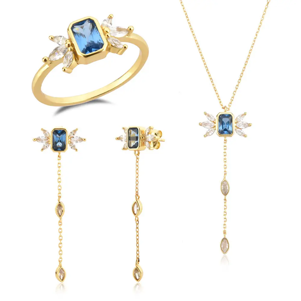 Daidan Jewelry Sets 18K Gold Plated Tassel Blue Luxury Zircon Silver 925 Angel Wing Jewelry Set