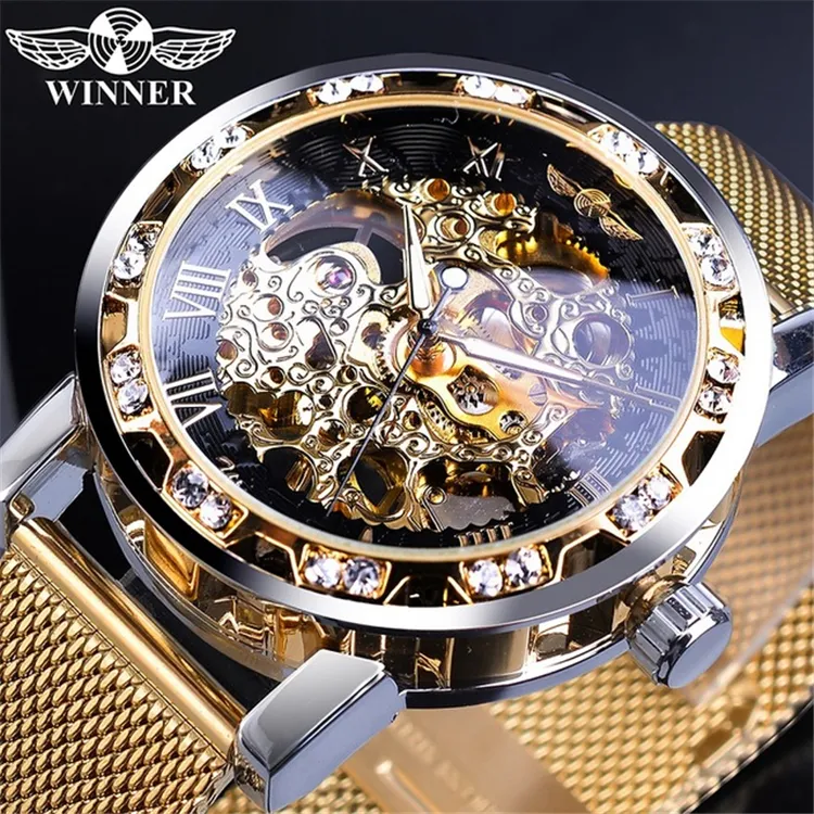 WINNER 01B Men's Mechanical Watch Automatic Self-Wind Clock Business Sport Stainless Steel Belts Wristwatch mesh strap