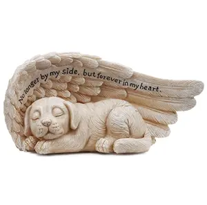 Estátua de jardim de cachorro dormindo, asas de anjo de resina