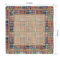 Alas Meja Mahjong Berbingkai Rotan Motif Tartan Patchwork, Gaya Retro Farmhouse, Permukaan Permainan Dekoratif