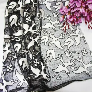 Fashion Black Tulle Embroidery Lace Fabric White Bird Voile Applique Embroidered Lace Fabric For Prom Dress