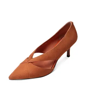 Fashionable suede low heeled shoes for ladies orange women luxury dress shoes mules heel shoes