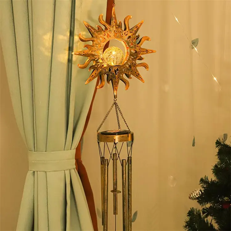 Outdoor Garden Decoration Solar Wind Chime Light Crystal Ball Moon Sun Star Windchime Bell Tubes Waterproof Led Hanging Lamp