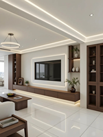 Meuble TV mural complet en bois crème Japandi, unité intégrée moderne pour salon avec éclairage LED et étagère ouverte, sur mesure pour entrepreneur en aménagement intérieur