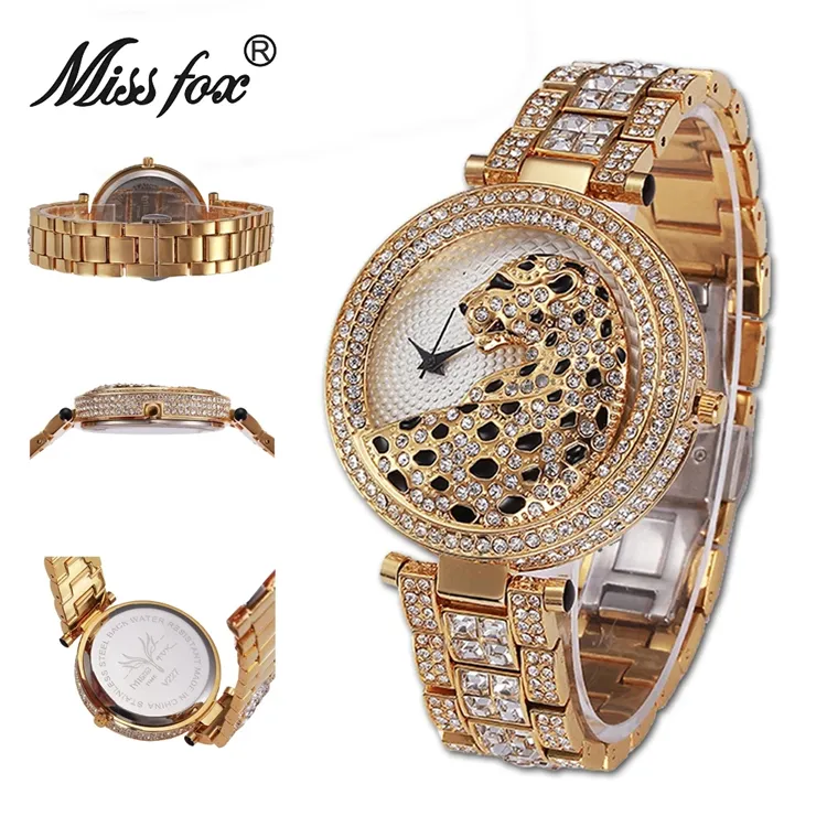 Miss Fox jam tangan wanita, merek terkenal mode Bling wanita jam tangan macan tutul emas jam tangan kristal berlian wanita