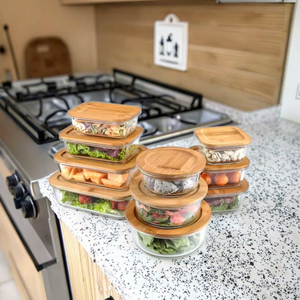 Caja de conservación de tapa de madera de bambú alto Horno de microondas calentable Fiambrera de vidrio simple segura Características especiales de conservación de comidas - Product Image 1
