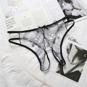 Ding Zhi Mei String à entrejambe ouvert en dentelle pour femme, taille basse, en maille transparente brodée, lingerie érotique - Product Image 3