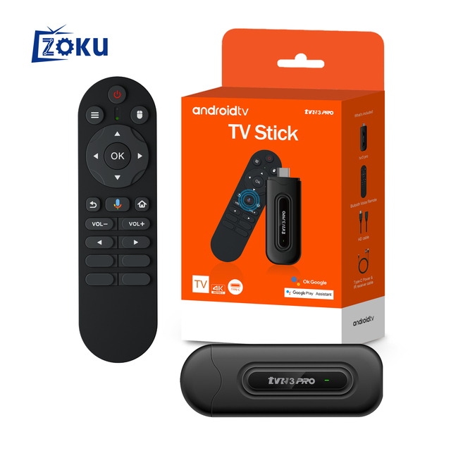 Zoku Android 16.0 WiFi6 Quad Core 2GB RAM 16GB BT 5.2 Voice Remote Control Allwinner H313 TV3PRO Stick Streaming Device HD1080P