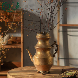 Vintage Metal Kettle <b>Vase</b> With Handle Rustic Decor For Home Desktop - Product Image 1
