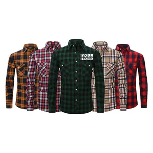 Mannen Lange Mouw T-shirt Factory Custom 100% Katoen Lange Mouwen Groothandel Plaid Flanel Mannen Shirt