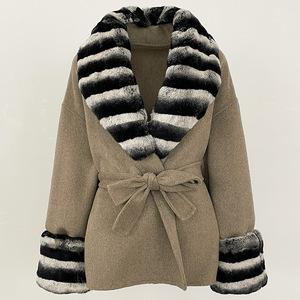 고품질 울과 캐시미어 코트 토끼 친칠라 털 칼라와 커프스 여성 겨울 코트 - Product Image 3