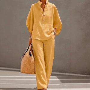 Ensemble décontracté en coton et lin pour femmes, bleu ciel, manches bouffantes, pantalon large, style Europe et Amérique - Product Image 5