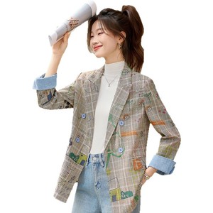 Women's Plaid Blazer Gray Graffiti Pattern Casual Work Wear Autumn Winter Style - Product Image 5