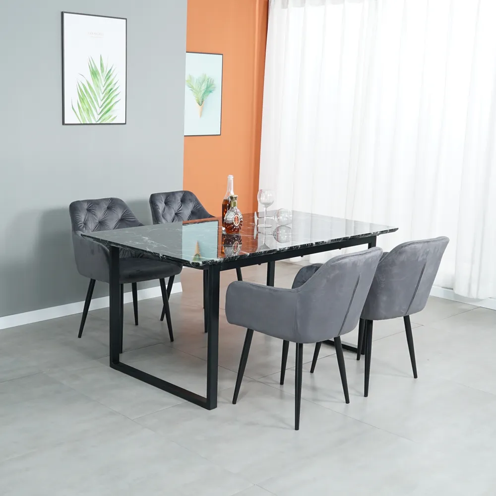 Популярный дизайн, обеденный стол, металлическая рама, Мраморная бумага, верхняя часть MDF, роскошные наборы обеденных столов