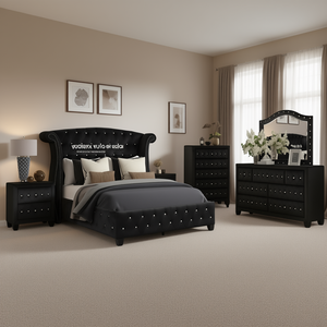 Set da camera da letto in legno Full Size 5 pezzi Sophia in collezione tappezzeria nera - Product Image 2