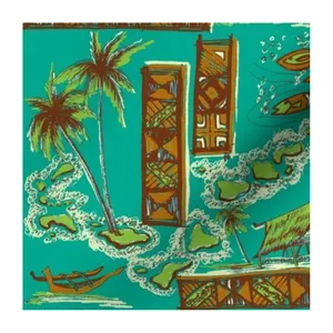 Teal Islands Hawaiian Tiki Cocktail Palm Retro Beach Mod Vintage Printed on Lightweight Polyester Fabric