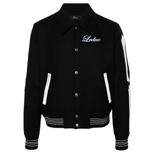 LEDUO OSM Giacca Bomber Nera in Cotone con Colletto Piatto, Dettaglio Patch sulle Maniche, Bordo a Righe e Orlo Dritto per Uomo - Product Image 1
