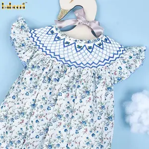 Geometric blue tiny flower girl smocked bubble OEM ODM baby smocked romper - BB2031