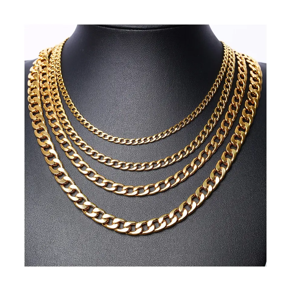 Hanpai hot sale 4mm 5mm 6mm cuban chain necklace 18K gold plated cuban necklace stainless steel necklace