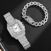 Ensemble de bijoux bling-bling avec montres Iced Out, bracelet chaîne maille cubaine, collier ras-du-cou, pour cadeau de mari, coffret cadeau montre Hip Hop