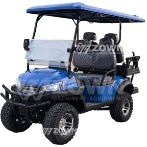 Carrito de golf azul de 6 plazas con elevación alta, espejos laterales con intermitentes y neumáticos de banda profunda para transporte de visitantes en villas y propiedades con lagos - Product Image 1