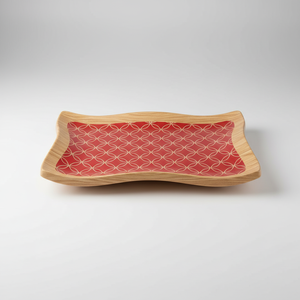 Plateau en bois moderne de 285x400mm, motif sans couture à bord ondulé incurvé avec lignes géométriques, fond rouge-Plateau décoratif - Product Image 2
