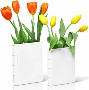 Ceramic Book vase for Flowers 8 and 7 inch Tall - Exquisitely Crafted for Unique Home Book Decor Accents - Elegant and